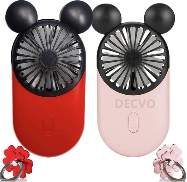 Cute Personal Mini Fan 2 Pack, Handheld & Portable USB Rechargeable with LED Light, 3 Adjustable Speeds (Red+Pink)