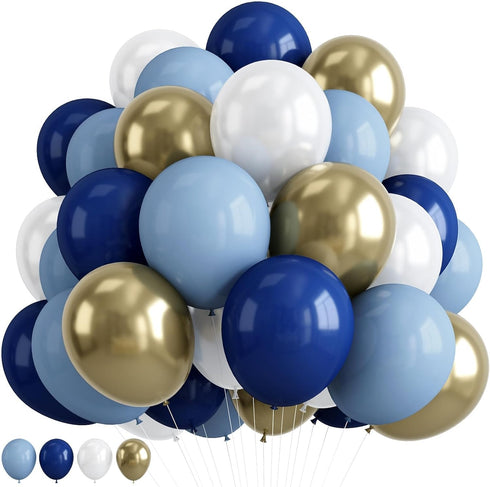 Retro Navy Blue Gold and White Balloons, 12inch Pastel Dark Light Blue