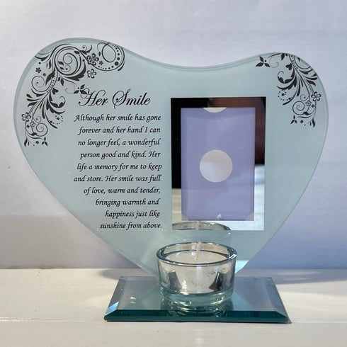 Her Smile Inspirational Poem, Candle and Photo Holder Glass Memorial Plaque