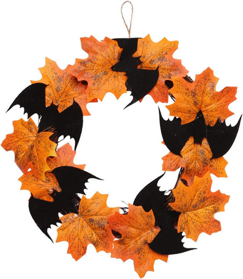 Orgrimmar 10” Halloween Maple Wreath Garland, Artificial Maple Leaf Bats Vines Door Hanging for Halloween Party and