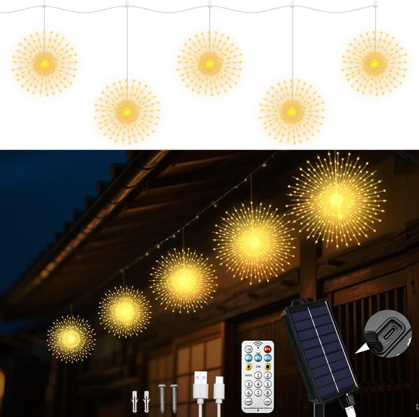 Galavasen Solar Firework Lights Outdoor,5Pack 1000LED 8 Modes Solar Hanging Firework Fairy String