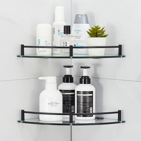 6MM (1 Glass Corner Shower Caddy, Rustproof Corner Shelves Wall Mounted, Clear Bathroom Shower Shelf with Thick