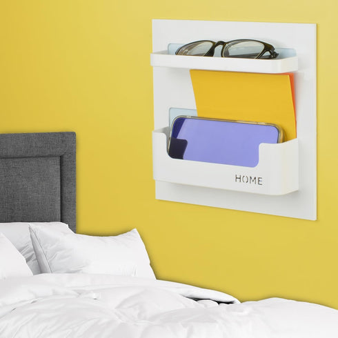 Bedside Shelf - White Stick On Wall Mounted Caddy Organizer for Phone, Glasses, Remote Control, Keys, Pens - Plastic