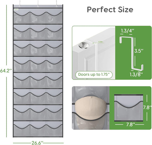 Unjumbly Baseball Hat Rack - 24 Pocket Over-The-Door Organizer with Clear Deep Pockets & 3 Hooks (Grey, 24 Pockets)