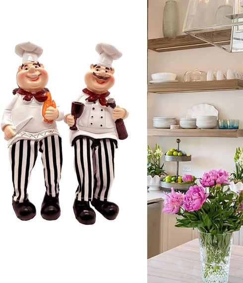 Set of 2 Home Kitchen Decor Chef Figurines, Bread & Wine Shelf Sitters for Kitchen Shelves and Countertop Display
