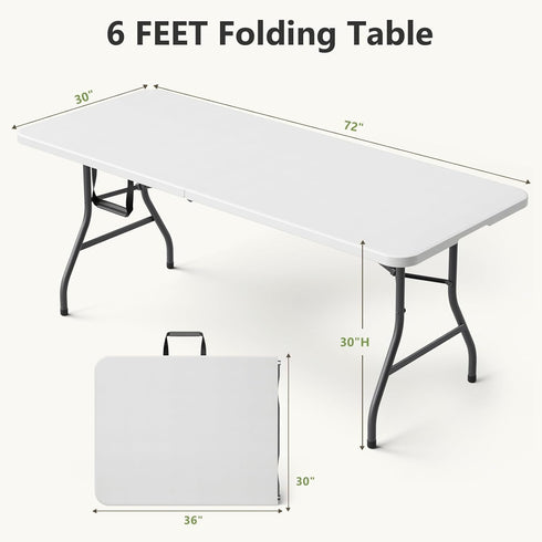 6 Folding Table, FT Foldable Plastic Table with Carrying Handle, Heavy Duty Portable Fold-in-Half Utility Table