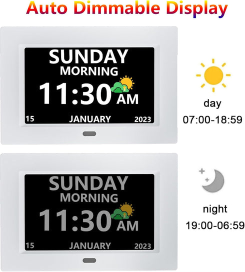 Large Display Digital Clock with Day and Date for Elderly, 7 Inch, 5 Alarm, 3 Medicine Reminders, Dementia Clock, White