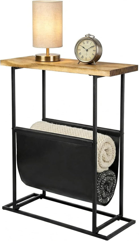 MyGift 21-Inch Modern Narrow Living Room End Table with Solid Burnt Wood