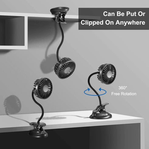 Clip on Fan Usb Mini Fan Battery Operated Desk Fan with Emergency Power Bank, Baby Stroller Fan Rechargeable Personal Fan Flexible Neck 3 Speeds Great for Beach Car Camping Dorm Bed Office-Black by Glovion