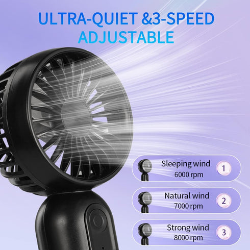 Portable Mini Fan 3-Pack, Handheld Personal Small Fan with 3-Speed, USB Rechargeable Battery Operated, Black