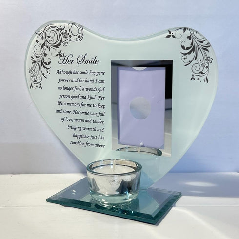 Her Smile Inspirational Poem, Candle and Photo Holder Glass Memorial Plaque