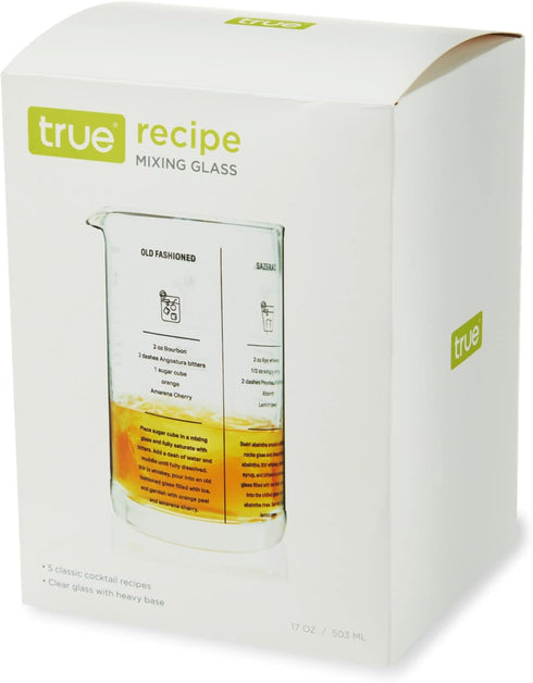 True Mixing Glass Cocktail and Bar Tools: 17 Oz, 1-Piece with Thick Base, Pour Spout, and 5 Printed Recipes