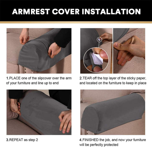 PrinceDeco 4 Pack Thick Velvet Stretch Armrest Covers for Chairs, Sofas & Armchairs - Non Slip, Grey