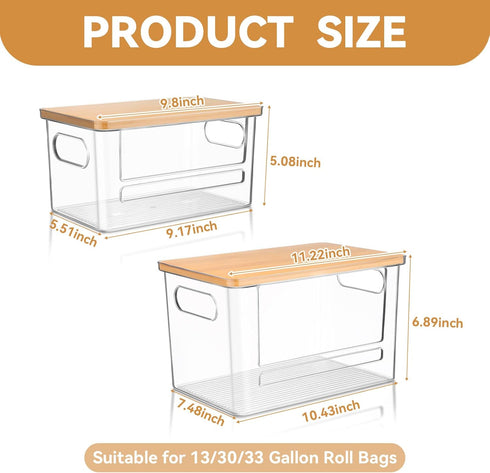 2 Pack, Trash Bag Holder Dispenser Garbage Bag Dispenser with Bamboo Lid & Handles, Stackable Clear Trash Bag Organizer