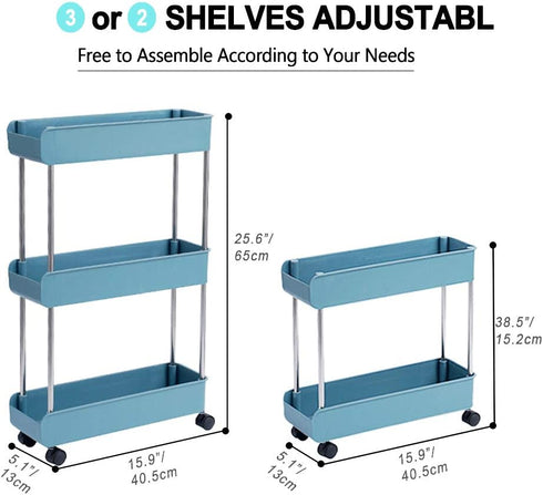3-Tier Melody House Slim Mobile Shelving Unit on Wheels, Slide Out Rolling Bathroom Storage Organizer, Utility Carts