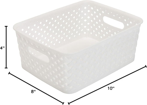 Simplify Small White Resin Wicker Tote | Storage Bin | Plastic Organizer with Carrying Handles for Bathroom
