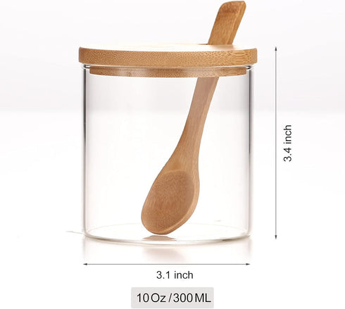 300ML/10Oz Clear Glass Jar with Bamboo Lid and Wooden Spoon, Cute Storage Canister for Kitchen