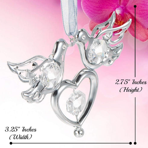 Matashi Chrome Plated Crystal Studded Silver Love Doves Birds Ornament with Heart, Romantic Gift for Christmas