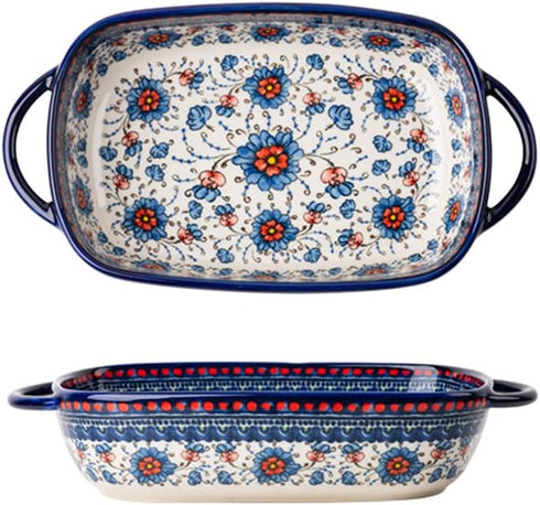 Blue and Orange Flower Vintage Style Ceramic Bakeware, Casserole Dish with Handles for Oven Cooking, 1 PCS, 22 OZ
