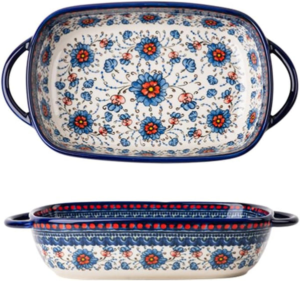 Blue and Orange Flower Vintage Style Ceramic Bakeware, Casserole Dish with Handles for Oven Cooking, 1 PCS, 22 OZ