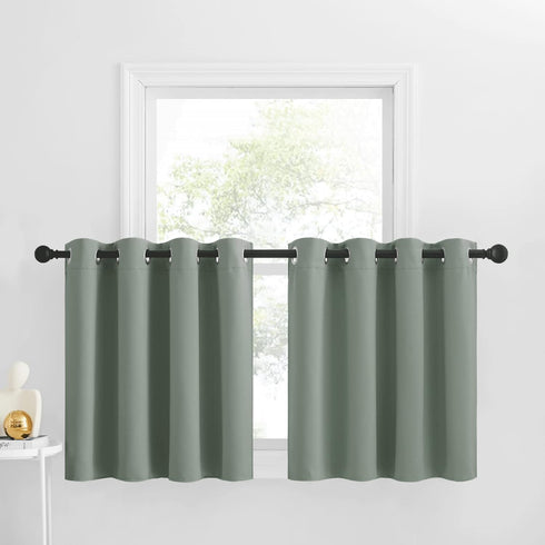 NICETOWN Blackout Tiers Valance Curtain, 2 Panels 52" x 30", Thermal Insulated Grommet, Greyish Green for Kitchen/Office