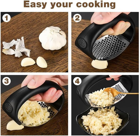 Garlic Press Rocker, Portable Manual Stainless Steel Garlic Press Rocker Crusher Masher with Garlic Peeling Drum