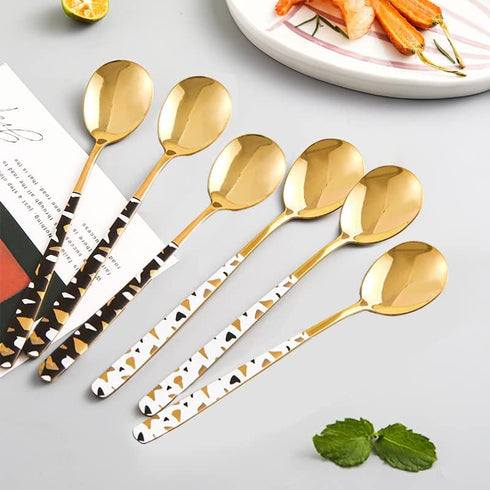 Stainless Steel Soup Spoon, Korean Dessert Spoon, Set of 4 Colour Spotted Soup Spoons, 8 Inches, White Gold Spotted
