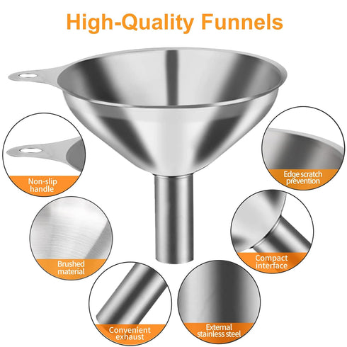 Metal Stainless Steel Funnel Set of 3, Large Medium Small Food Grade Mini Funnels for Kitchen Use with 2 Brushes YLYL