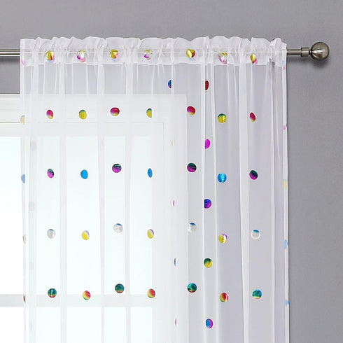 Urban Lotus White Sheer Curtains for Bedroom, 63-inch Metallic Polka Dot Window Curtain Panels for Kids Room
