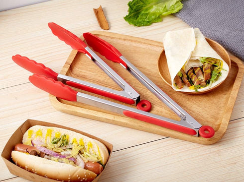 Kitchen Tongs Set of 2 – 9 inch & 12 inch Stainless Steel Food Tongs with Silicone Tips, Red