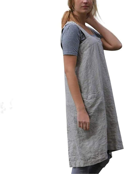 Women's Cross Back Pinafore Apron with Pockets, Cotton Linen Dress, Plus Size