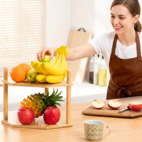 2Pcs 2-Tier Counter Expandable Bamboo Corner Shelf - Dish/Plate Organizer for Cabinet, Kitchen Shelf & Small Kitchen