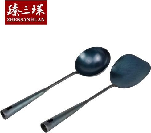 ZhenSanHuan Chinese Traditional HandMade Iron Spatula & Ladle Wok Tool Set, Long Wok Utensils