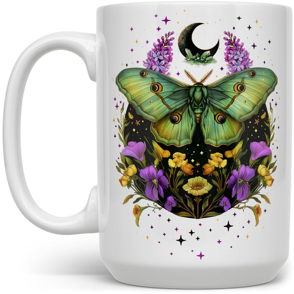Mystic Moth Floral Coffee Mug, Celestial Goblincore Cottagecore Cup, Witchy Gifts (15oz)