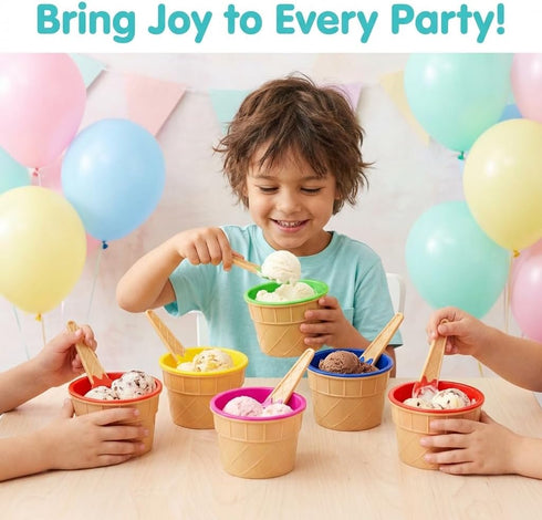 Set (Pack 6) Frozen JoyServe Ice Cream Bowls and Spoons - of Reusable Plastic Ice Cream Cups and Waffle Cone Shaped