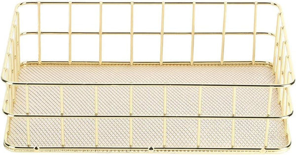 Wire Mesh Basket, Golden Desktop Metal Storage Tray for Home Cosmetic Stationery (9.6 x 6.5 x 2.6in)
