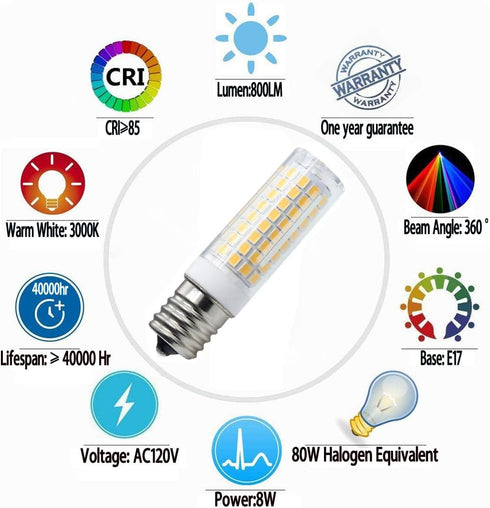 E17 LED Bulb,80W Halogen Bulb Equivalent,Dimmable 8W,800Lm, AC120V, for Microwave Oven Over Stove Appliance,E17 LED Warm White 3000K(Pack of 2)