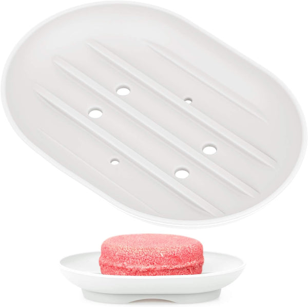 Anwenk Oval Shape Soap Dish, Bathroom Soap Holder with Drain Holes, Flexible Silicone White, 1 Pack