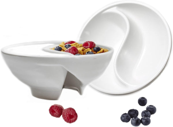 Never Soggy Cereal Bowl, White x2, Divided, Unbreakable Melamine, Ideal for Snack and Salsa