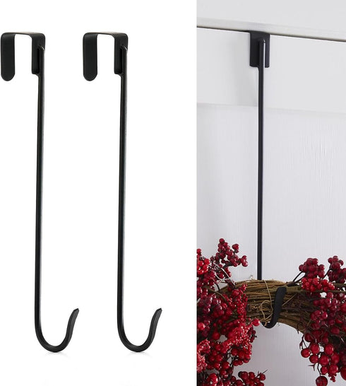 16" Wreath Hanger for Front Door, 2 Pack Wrought Iron Over The Door Hook, Matte Black