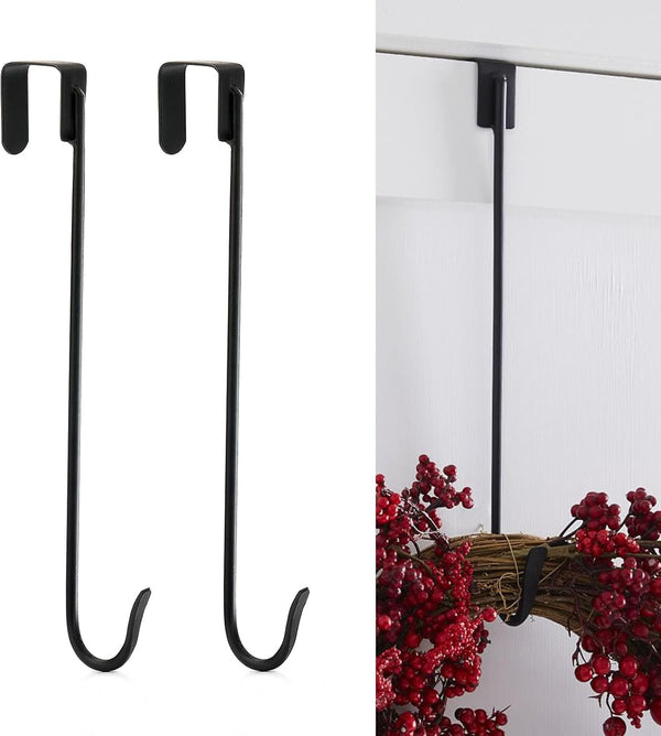 16" Wreath Hanger for Front Door, 2 Pack Wrought Iron Over The Door Hook, Matte Black