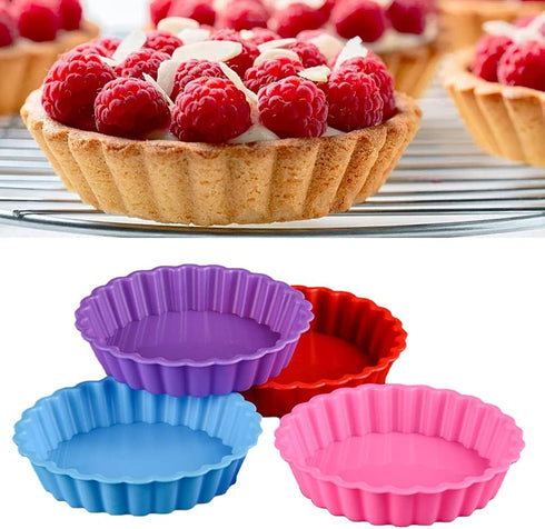 8 pcs Silicone Tart and Pie Molds, 4 Inch Fluted Mini Tart Mould Round Nonstick Quiche Pan Bakeware Mold for DIY Baking Pies/Tarts/Mousse Cakes/Small Dessert(Random Color) by beiyoule