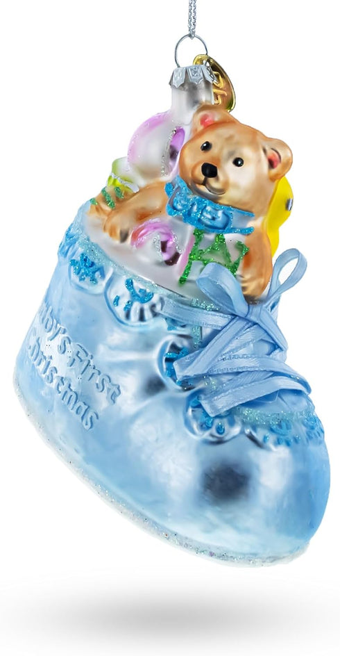 Baby's First Glass Christmas Ornament - Teddy Bear Nestled in a Blue Shoe