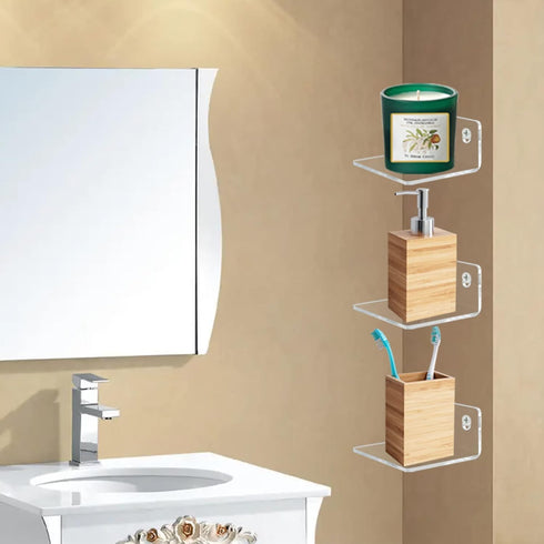 Bigfety Acrylic Small Floating Shelves for Wall, 3-Ledges Clear Mini Display Floating Shelf with Adhesive or Screw