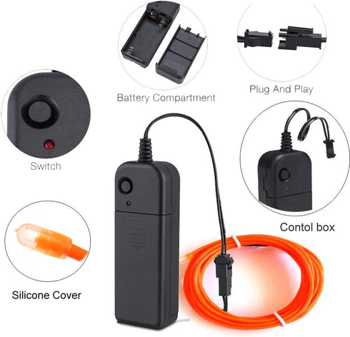 MaxLax EL Wire Orange, 9.8ft/3m Portable Battery Pack Neon Light Strip, 360° Cuttable Glowing Rope Lights for Parties