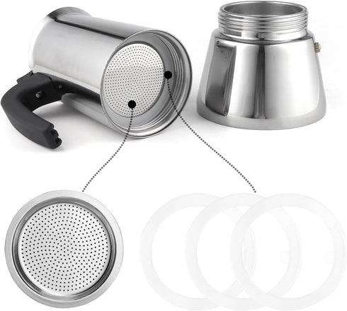 Sivaphe 6 Cups Replacement Infuser Parts for Stainless Steel Stovetop Espresso Coffee Maker, 1 Filter and 3 Gasket Seals