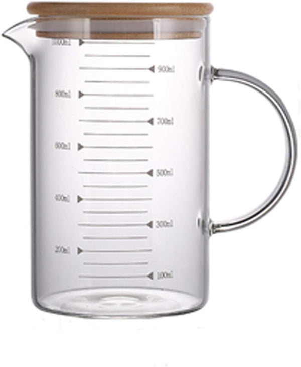 1L Glass Measuring Cups Jugs with Lid - Large Measuring Pitcher Beaker for Hot/Cold Liquid, Clear Scale with Spout