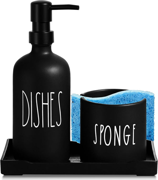 Dish Soap Dispenser for Kitchen, Glass Dish Soap Dispenser with Sponge Holder,