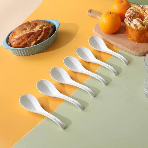Asian Soup Spoons Set of 6, Ceramic Japanese Ramen Spoons, Dishwasher Safe