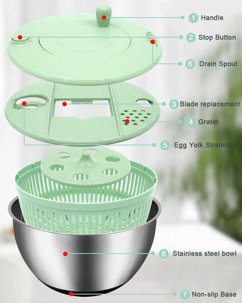 5.3QT 5 Salad Spinner Large,Stainless Steel Lettuce Spinner,Fruit Vegetables Wash Bowl with Blade Slicer,Egg Yolk